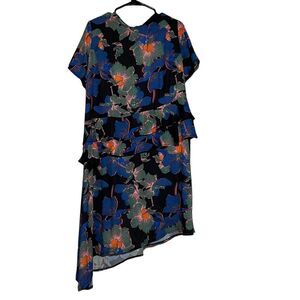 Floral Dress Woman's Size 1X Black Blue Lost Ink Asymmetrical Hem Ruffle NEW